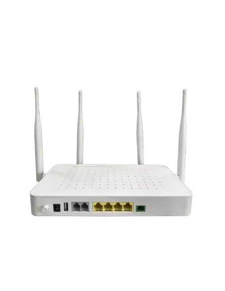 BDCOM xPON ONU/ONT device featuring 802.11ac Wi-Fi, four Gigabit LAN ports, and two POTS ports.