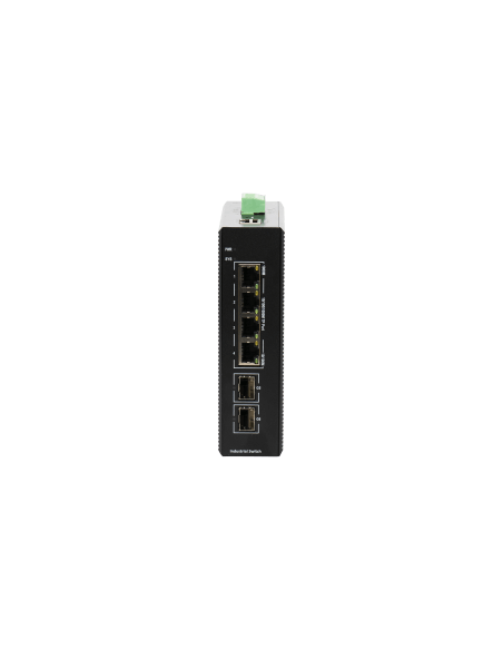 Image of BDCOM 4-Port Gigabit Industrial PoE+ Switch with two SFP ports, showcasing its robust design suitable for industrial applications.