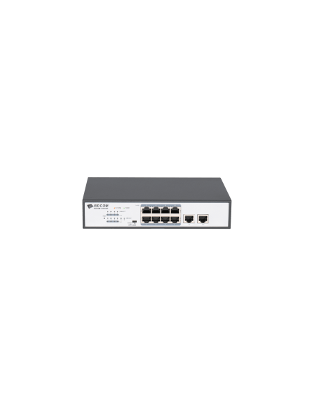 Image of the BDCOM 8-Port Gigabit POE Switch with 120W power and 2 GE TX ports, showcasing its design and ports.