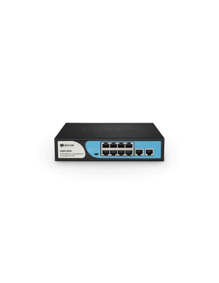 BDCOM 8-Port 100M PoE Switch featuring 90W power budget and 2 GE RJ45 ports.