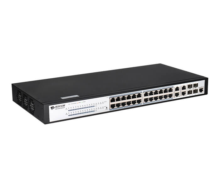 Image of the BDCOM 24-Port Managed Gigabit PoE Switch, showcasing its ports and design.