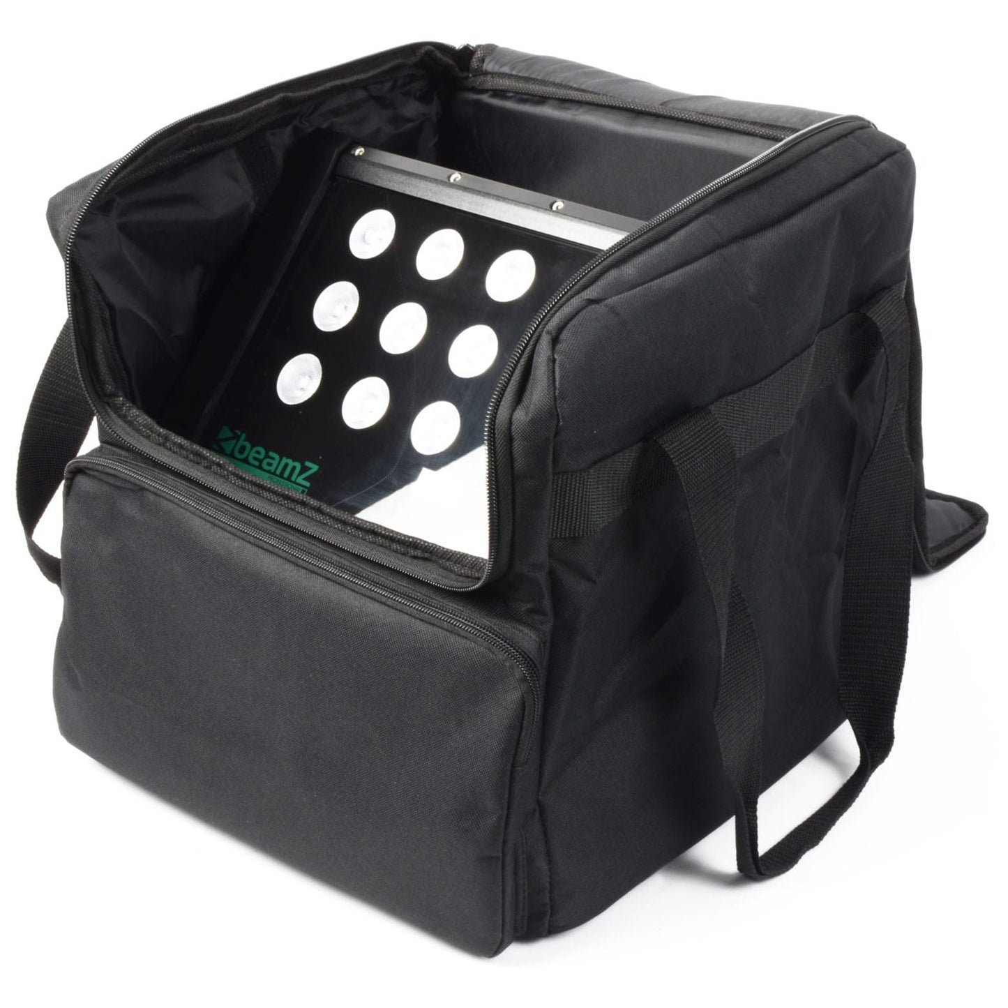 Top view of the open Padded BEAMZ AC-125 Soft Case for mobile lighting fixtures, featuring secure storage pockets and view windows. Ideal for DJs and bands.