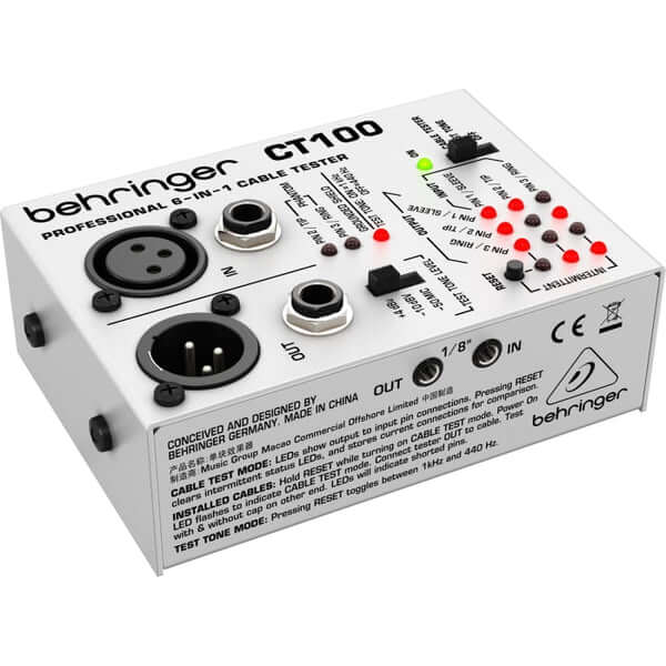 Behringer CB100 Compact Cable Tester showcasing its design and features for reliable cable connections.