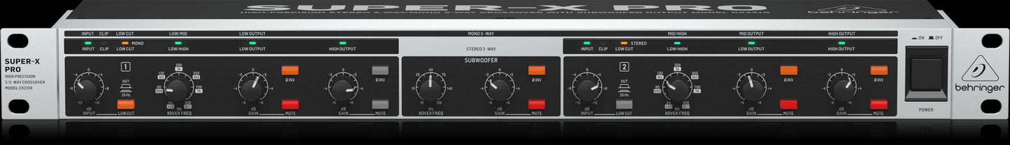Behringer CX2310V2 Super-X Pro Crossover showing the top front view with controls for precise audio management.