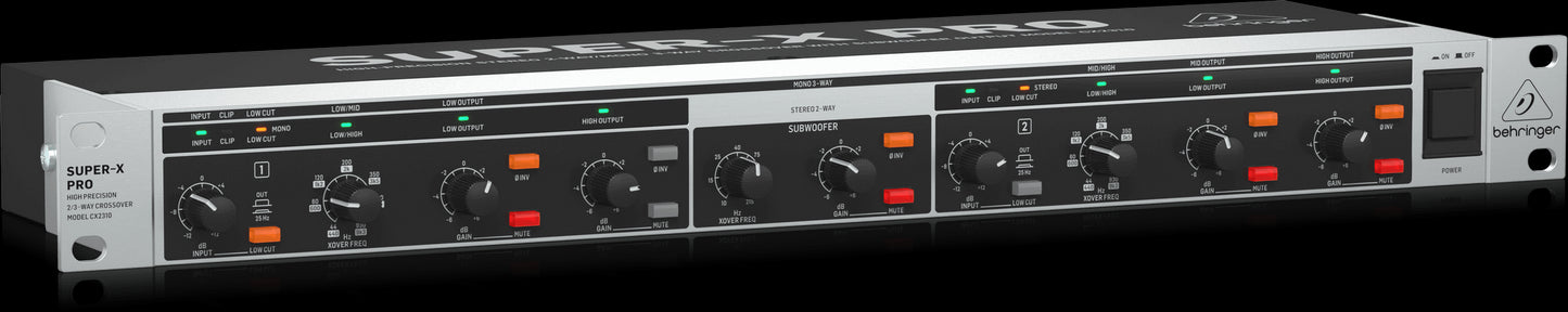 Behringer CX2310V2 Super-X Pro Crossover showing the left side view with precise control features.