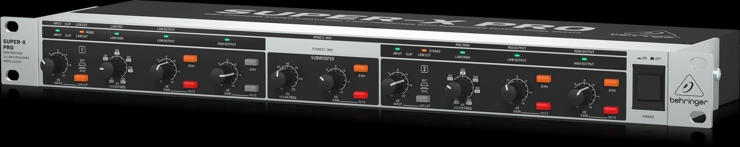 Behringer CX2310V2 Super-X Pro Crossover for precise audio control, featuring a sleek design and professional-grade connectivity.
