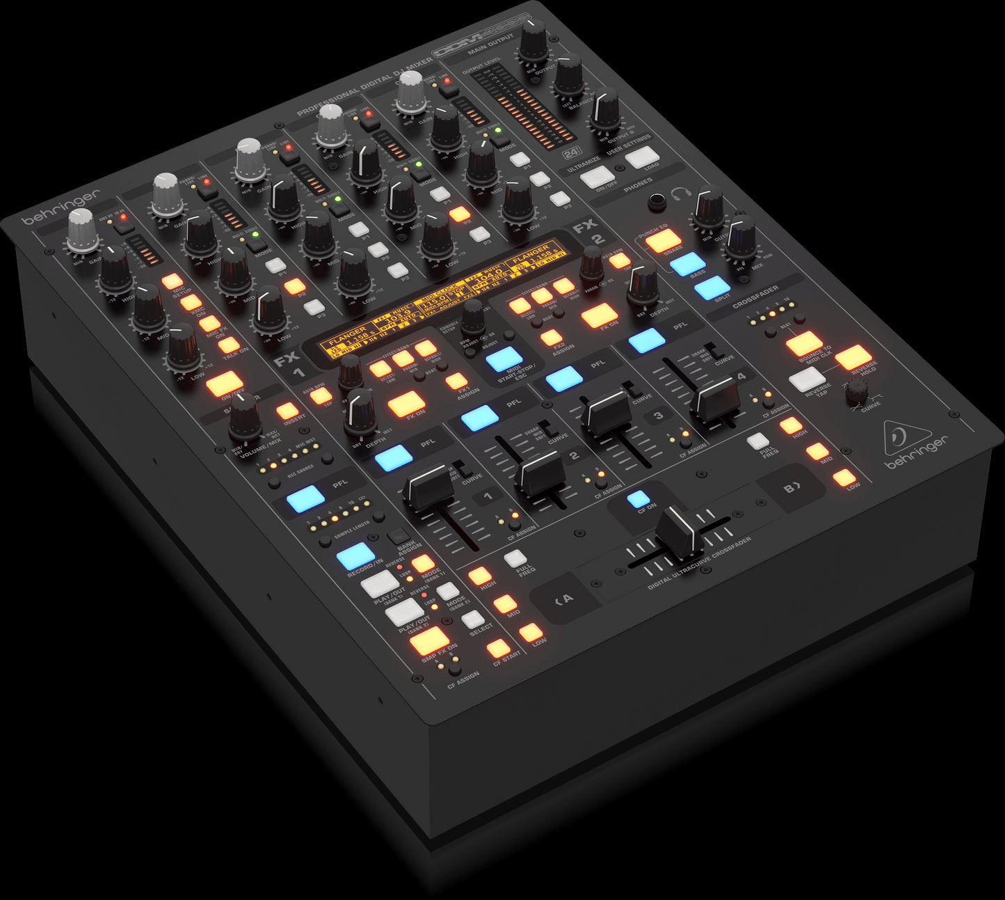 Behringer DDM4000 Digital Pro Mixer viewed from the left side, showcasing its controls and design.