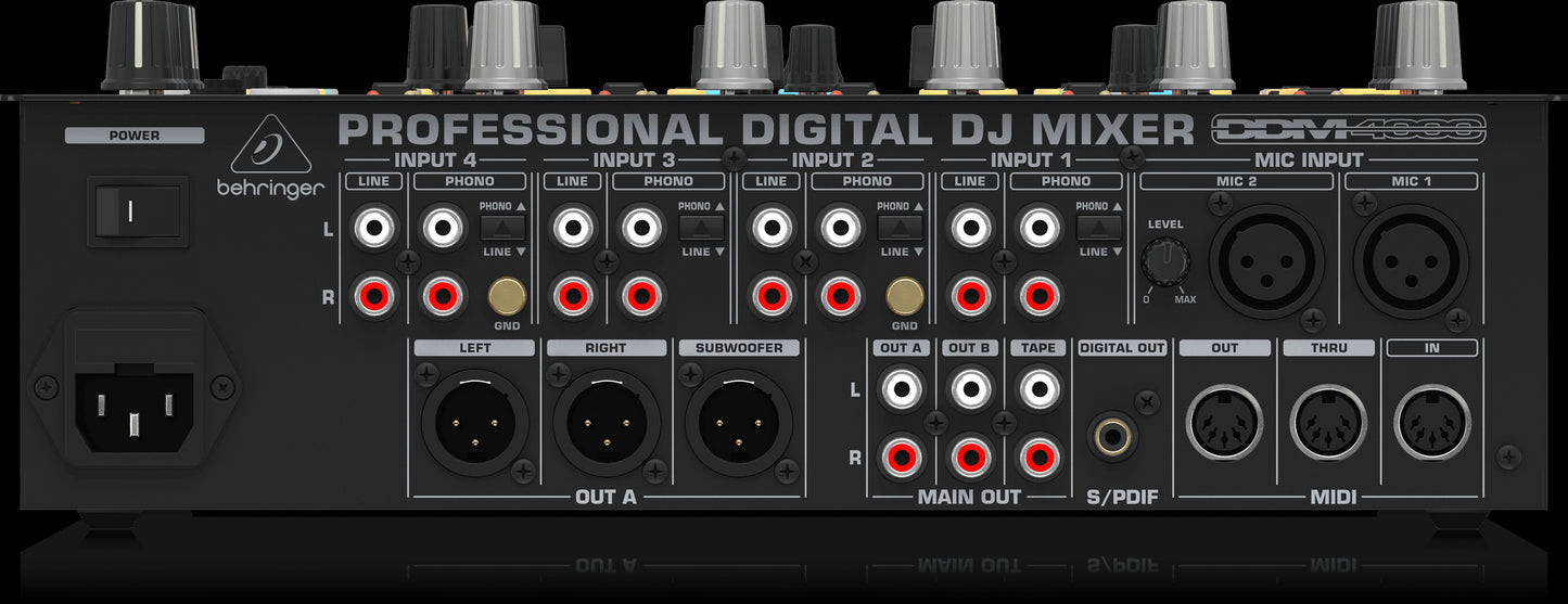 Rear view of the Behringer DDM4000 Digital Pro Mixer, showcasing its connectivity options and controls for DJs.