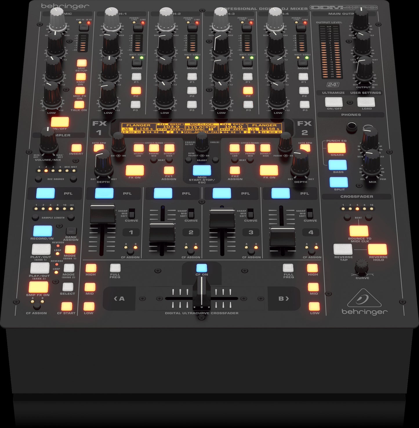 Behringer DDM4000 Digital Pro Mixer viewed from the top front, showcasing its controls and layout for DJs.