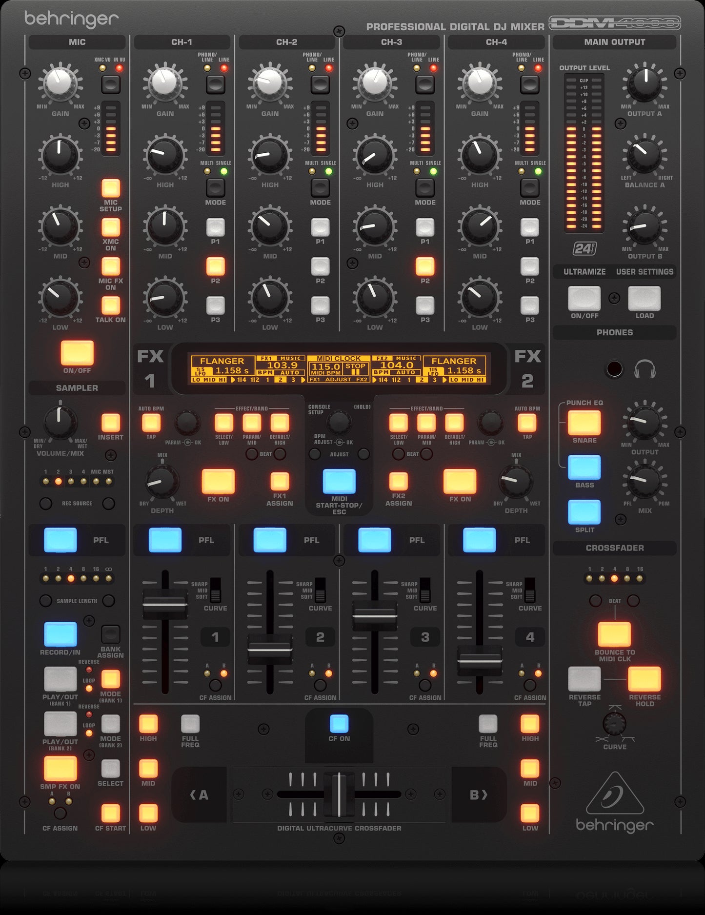 Top view of the Behringer DDM4000 Digital Pro Mixer, showcasing its controls and layout for DJs.