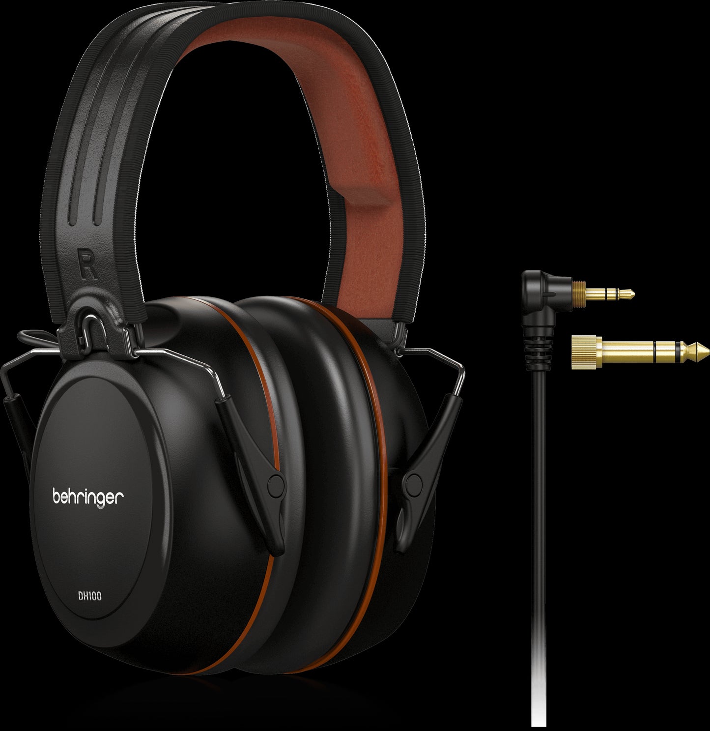 Behringer DH100 Lightweight DJ Headphones showcasing a front view with a sleek design and powerful sound features.