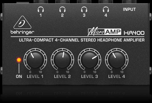 Behringer HA400 4-Channel Stereo Headphone Amplifier for multiple listeners, showcasing the top view of the product.