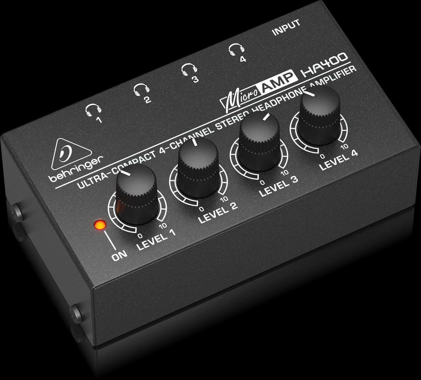 Behringer HA400 4-Channel Stereo Headphone Amplifier for Multiple Listeners, showcasing the left side view.