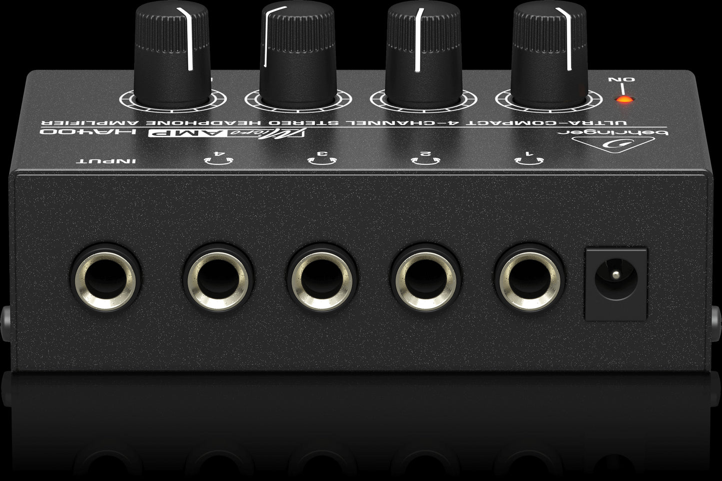 Rear view of the Behringer HA400 4-Channel Stereo Headphone Amplifier, showcasing the input and output connections.
