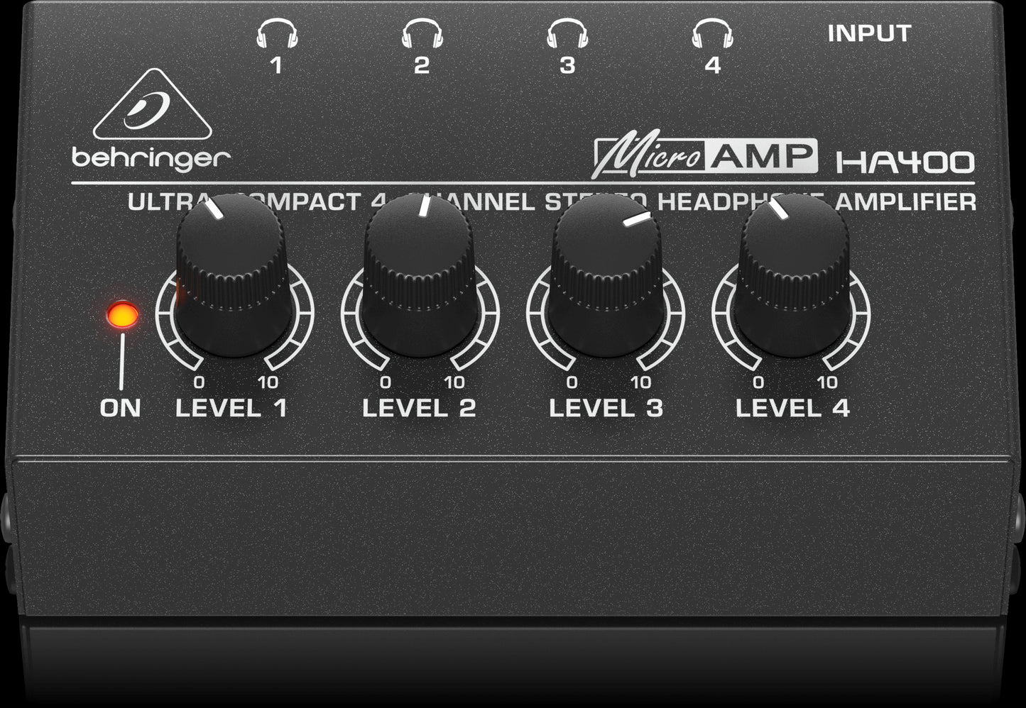 Behringer HA400 4-Channel Stereo Headphone Amplifier showing the top and front view.