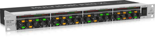 Behringer MDX4600V2 4-Ch Expander, Gate, Compressor, and Peak Limiter device showcased from the left side.