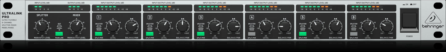 Behringer MX882V2 Ultralink Pro 8-Channel Splitter/Mixer showcasing its front view.