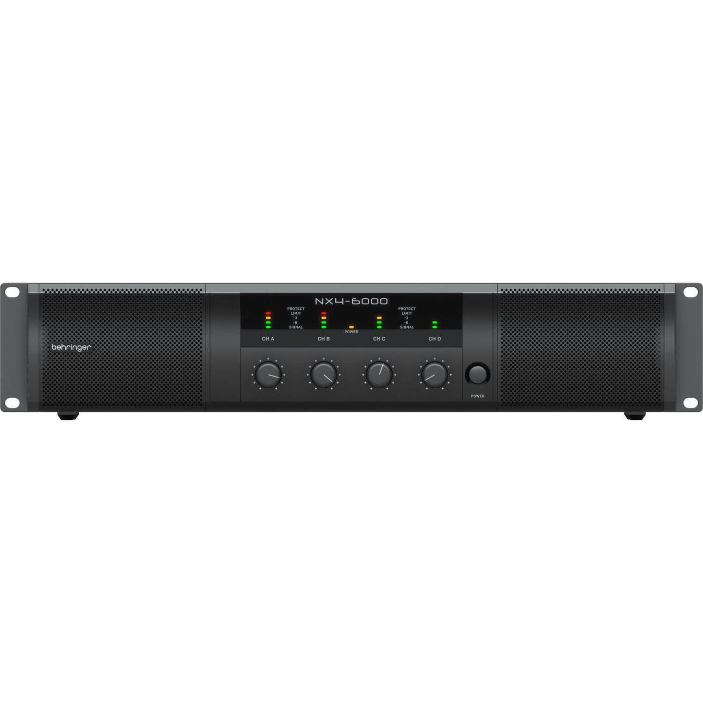 Behringer NX4-6000 4-Ch Class-D Power Amplifier with SmartSense, showcasing its sleek design and features.