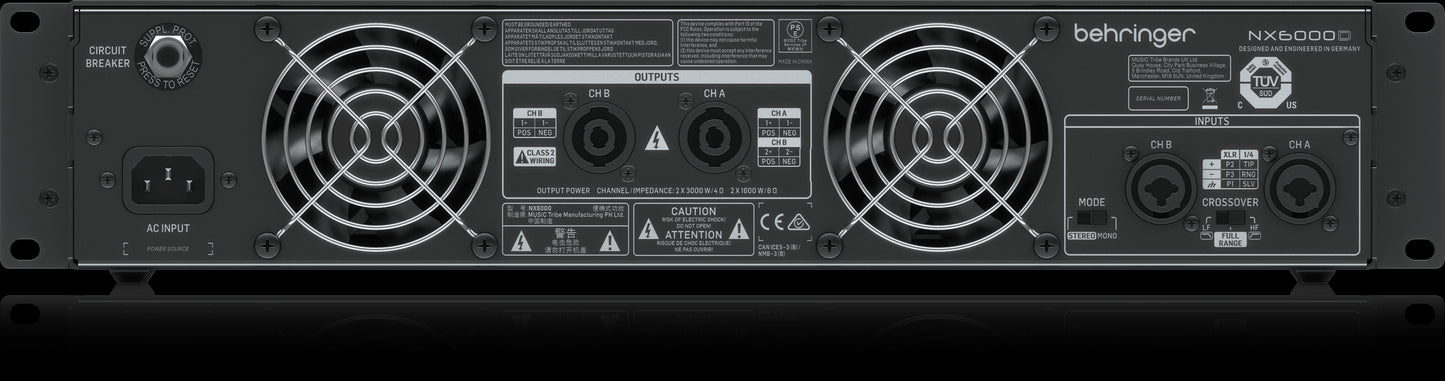 Rear view of the Behringer NX6000 High-Density 6000W Power Amplifier with DDT, showcasing its connectivity options.