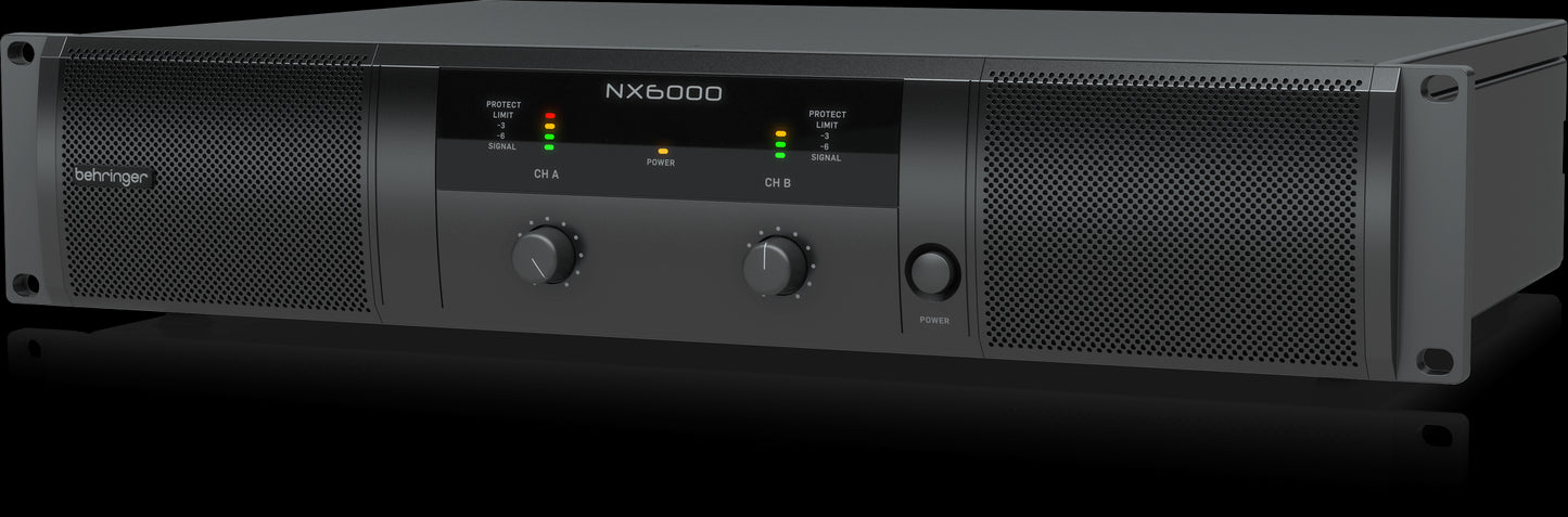 Behringer NX6000 High-Density 6000W Power Amplifier displayed from the right side.