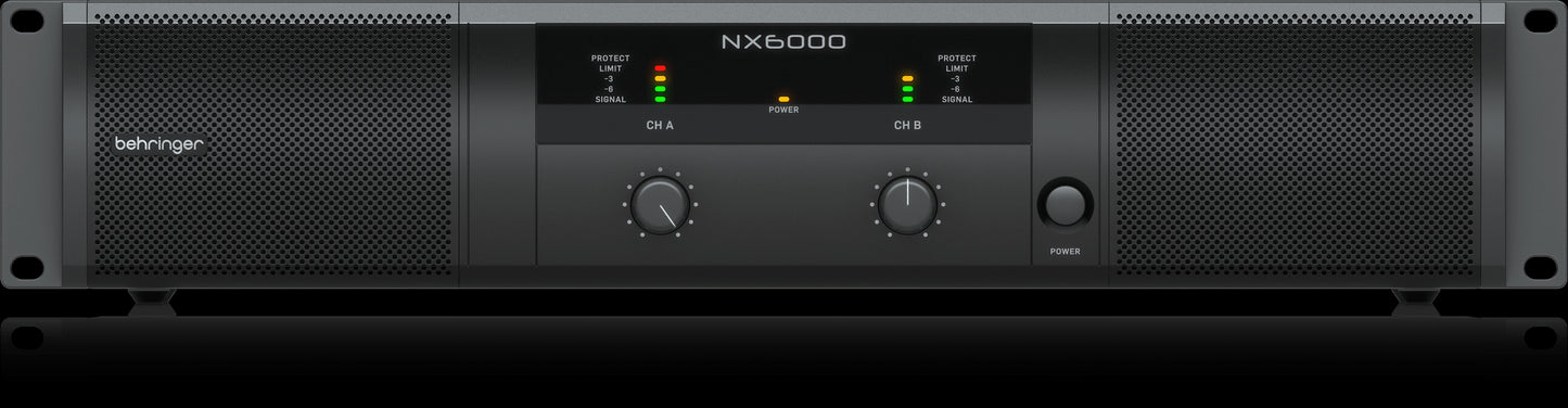 Front view of the Behringer NX6000 High-Density 6000W Power Amplifier with DDT