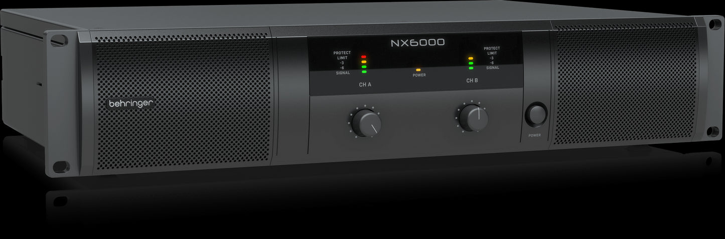 Behringer NX6000 High-Density 6000W Power Amplifier displayed from the left side.