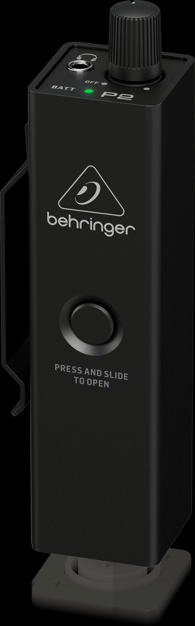 Behringer P2 Ultra-Compact Personal In-Ear Monitor Amplifier, Battery Powered, shown from the right side.