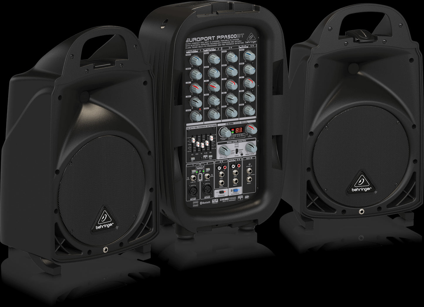 Behringer PPA500BT Portable PA System with Bluetooth Audio Streaming, showcasing the left side view of the product.