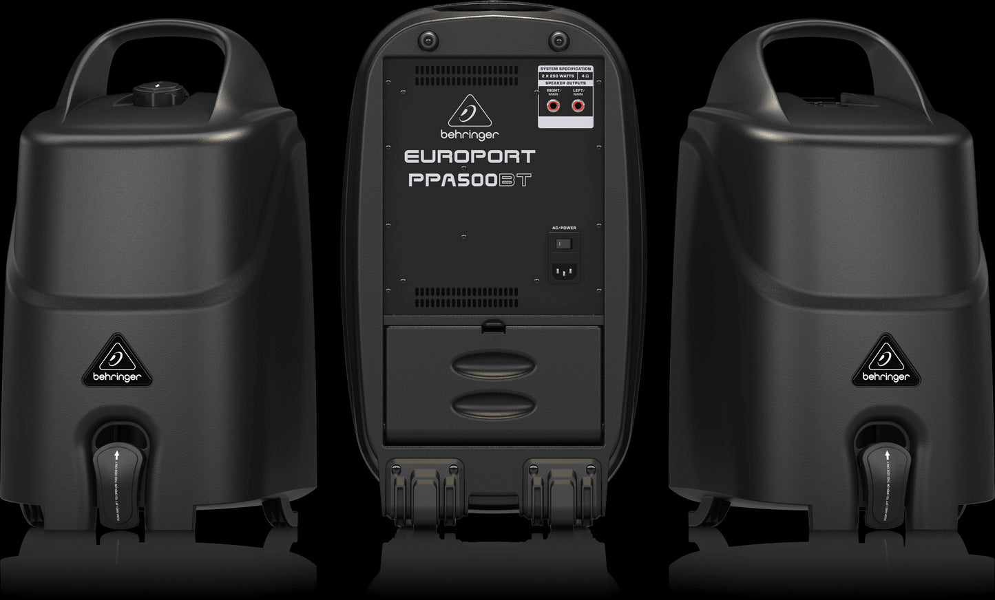Rear view of the Behringer PPA500BT Portable PA System showcasing its design and connectivity options.