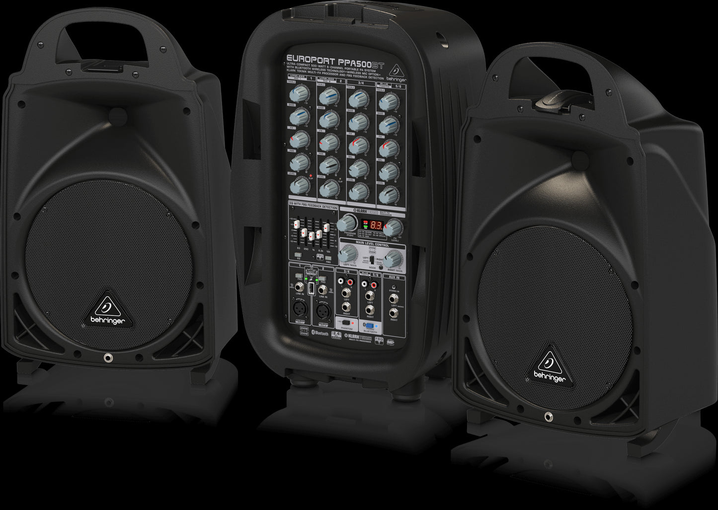 Behringer PPA500BT Portable PA System with Bluetooth Audio Streaming, showcasing the right side of the device.