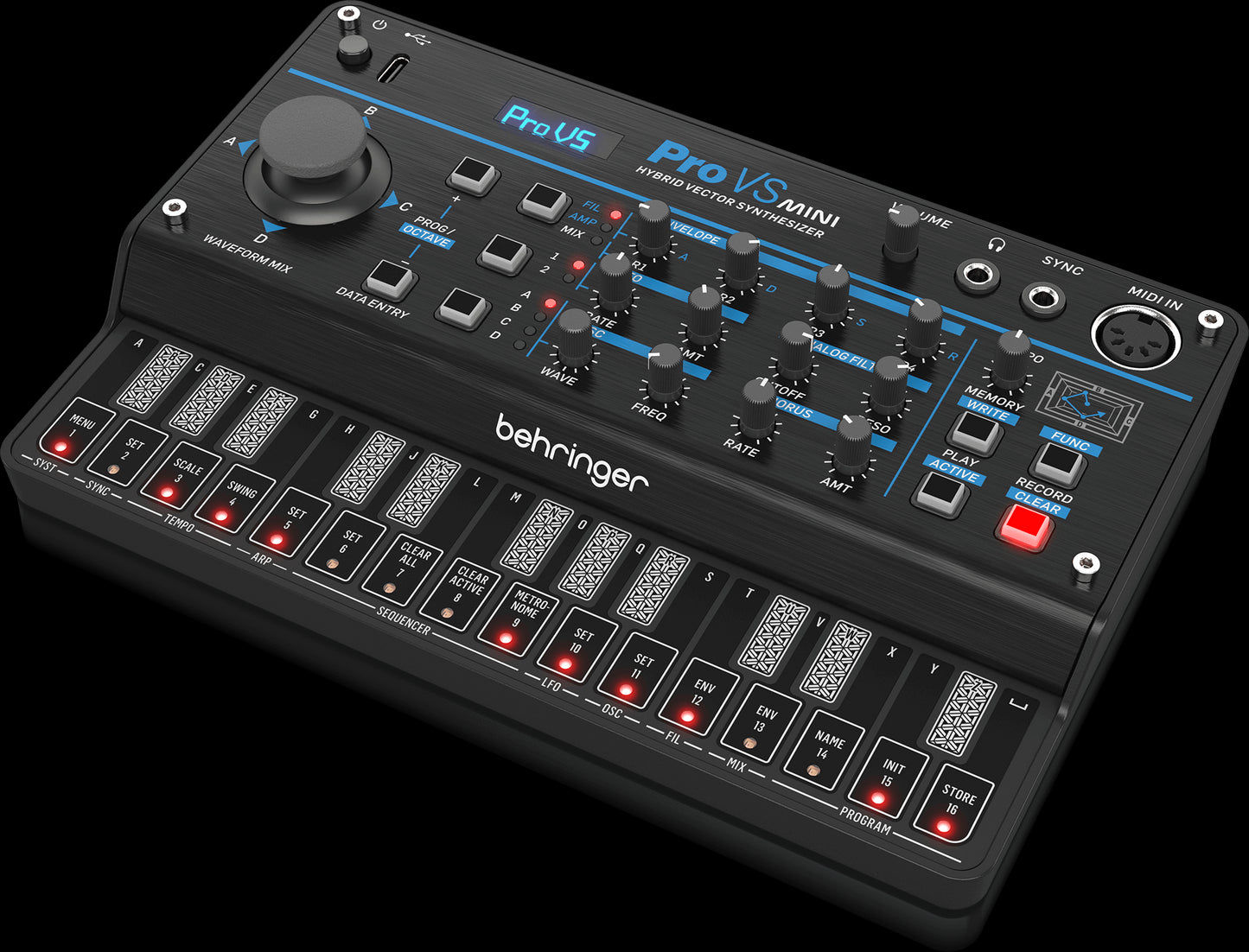 Behringer PRO-VS-MINI Vintage-Style Synthesizer shown from the right side, highlighting its vintage design and features.