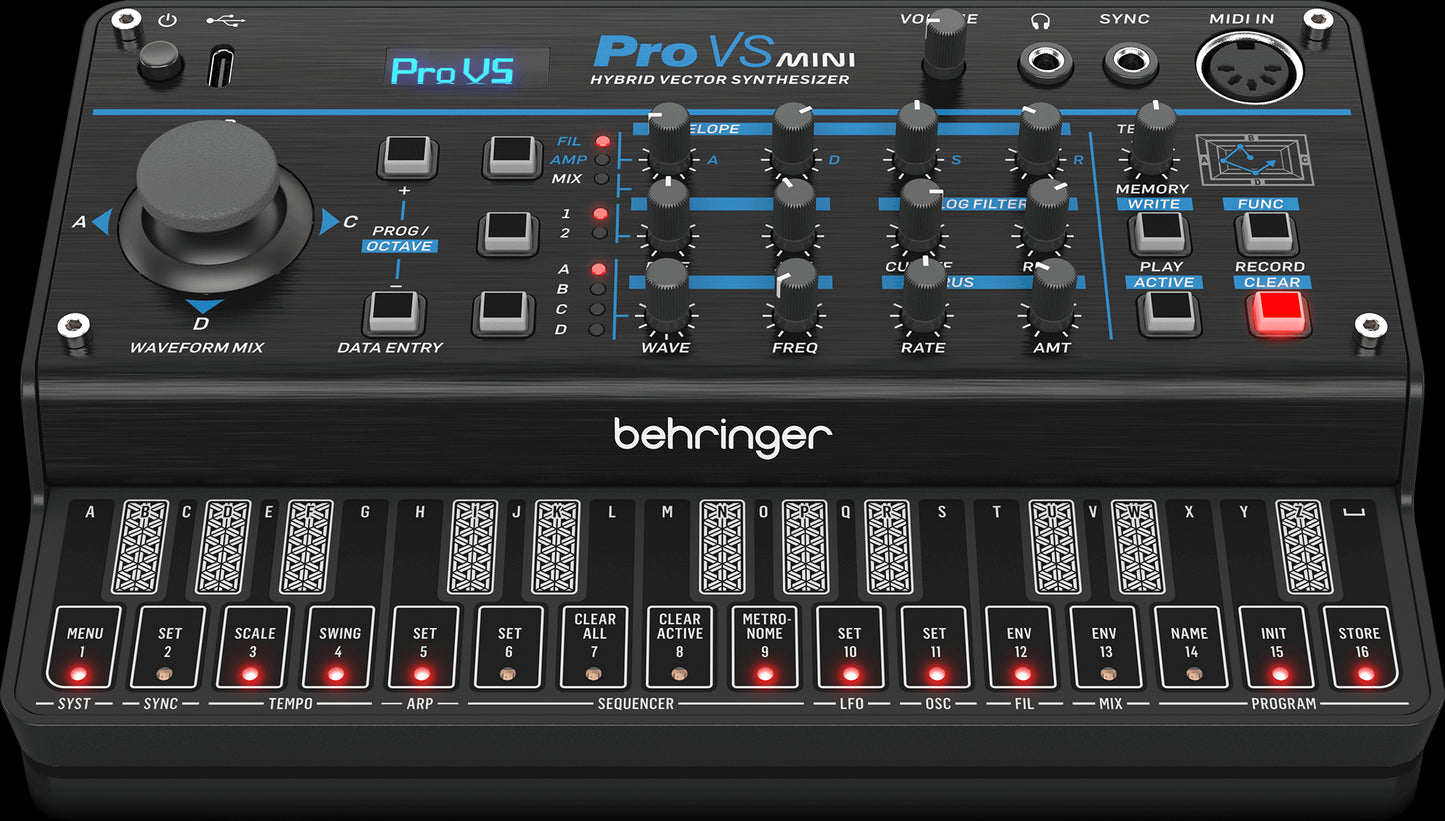 Top view of the Behringer PRO-VS-MINI vintage-style synthesizer showcasing its classic design and controls.