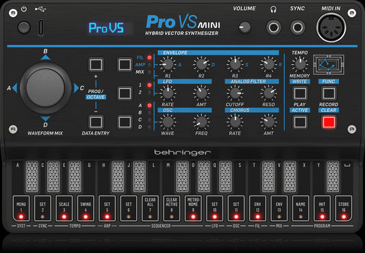 Top view of the Behringer PRO-VS-MINI Vintage-Style Synthesizer showcasing its vintage design and controls.