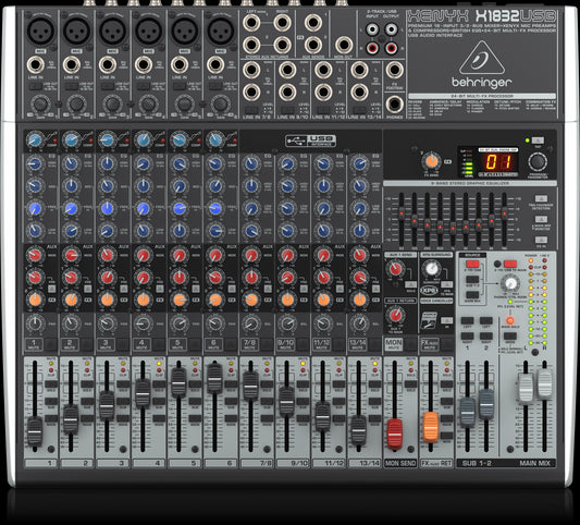 Behringer QX1832USB 18-Input Mixer with USB Audio Interface and FX features, top view.