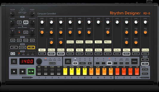 Behringer RD-8 MkII Rhythm Designer Analog Drum Machine showcasing its top view with control knobs and pads.