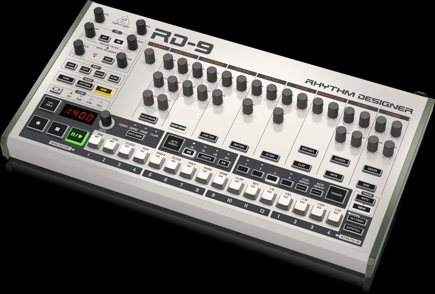 Behringer RD-9 Rhythm Designer Drum Machine shown from the right side.