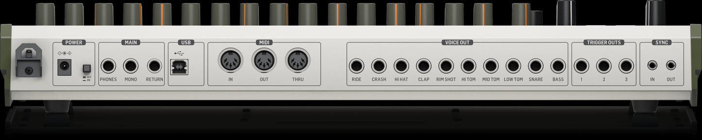 Rear view of the Behringer RD-9 Rhythm Designer Drum Machine showcasing its connectivity and design features.