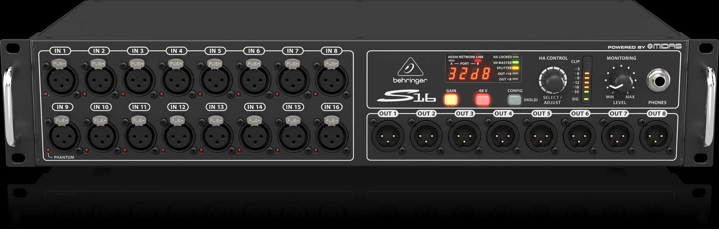 Behringer S16 Digital Snake featuring 16 remote-controllable mic preamps, top front view.
