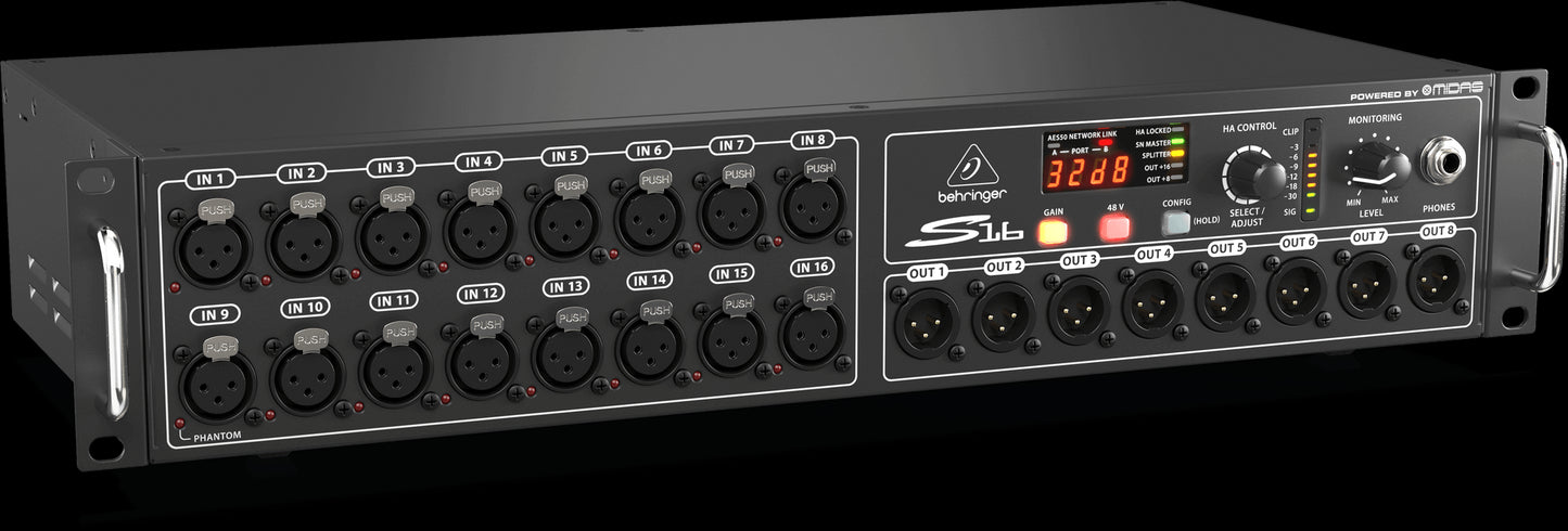 Behringer S16 Digital Snake featuring 16 remote-controllable mic preamps, shown from the left side.