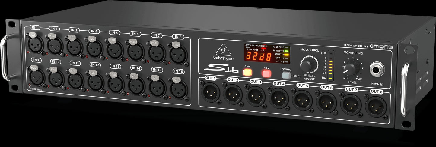 Behringer S16 Digital Snake featuring 16 remote-controllable mic preamps, showcasing its right side view.