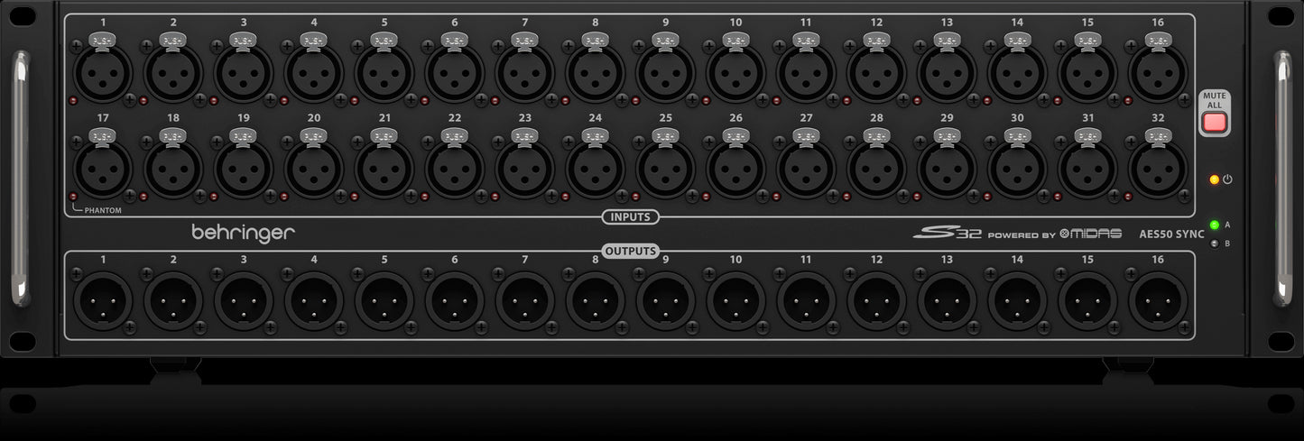 Front view of the Behringer S32 Digital Snake, showcasing its design and features.