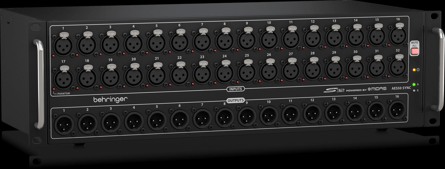 Left view of the Behringer S32 Digital Snake, showcasing its design and features.