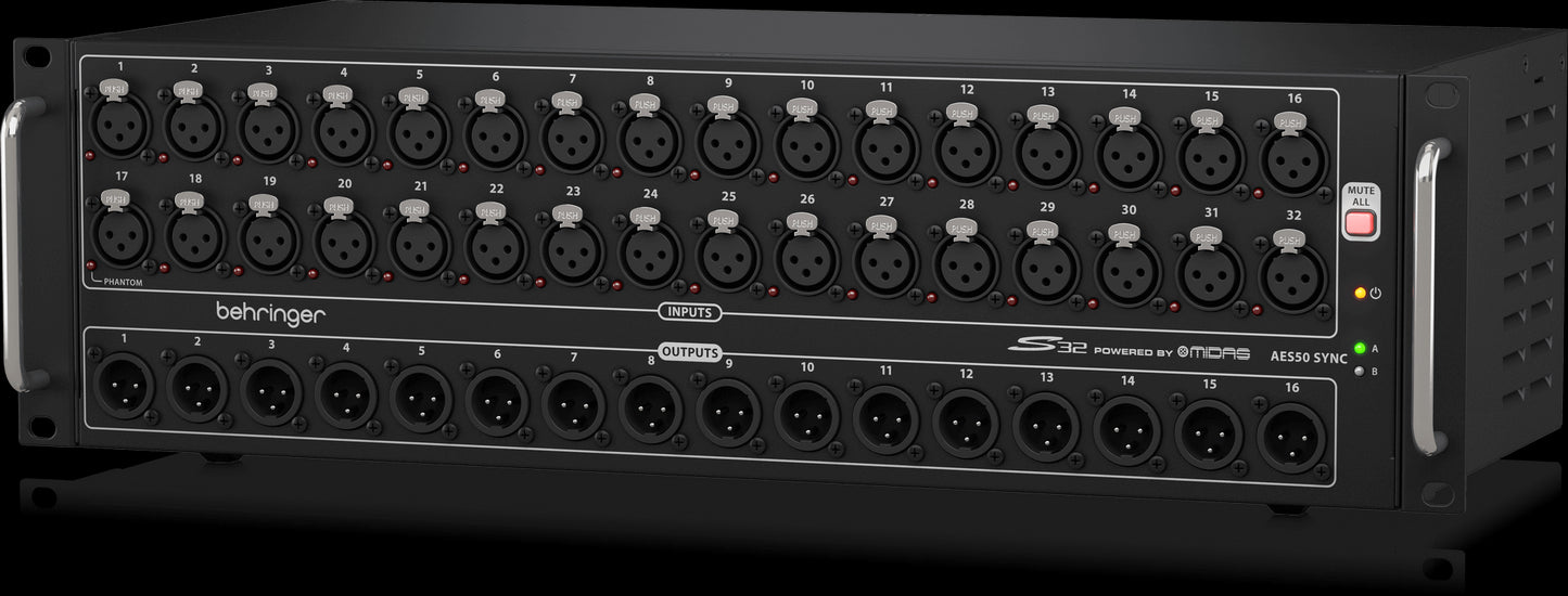 Behringer S32 Digital Snake viewed from the right side, showcasing its design and features.