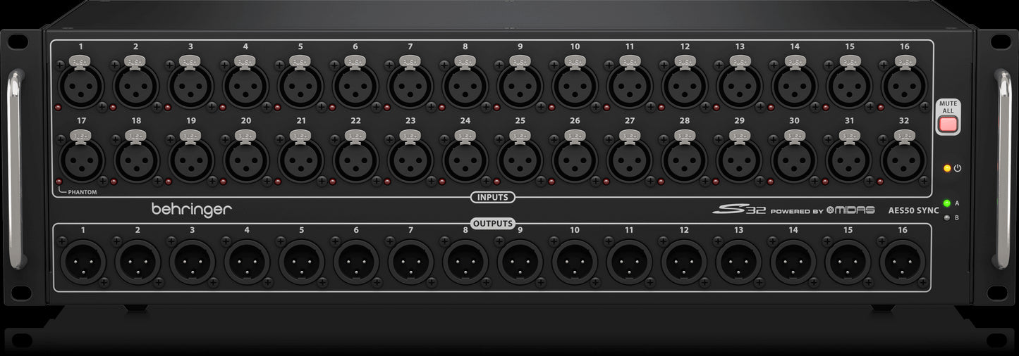 Behringer S32 Digital Snake viewed from the top front angle, showcasing its design and features.