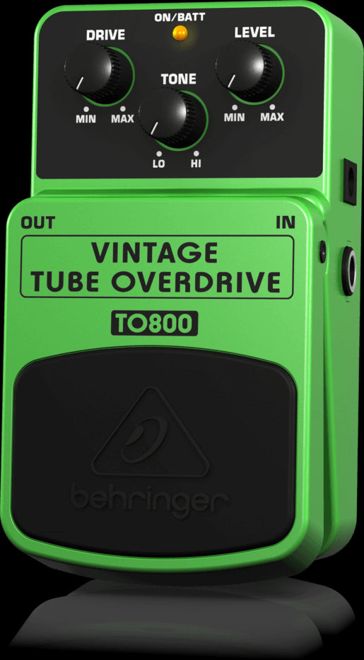 Behringer TO800 Vintage-Style Tube-Sound Overdrive Pedal displayed on a white background.