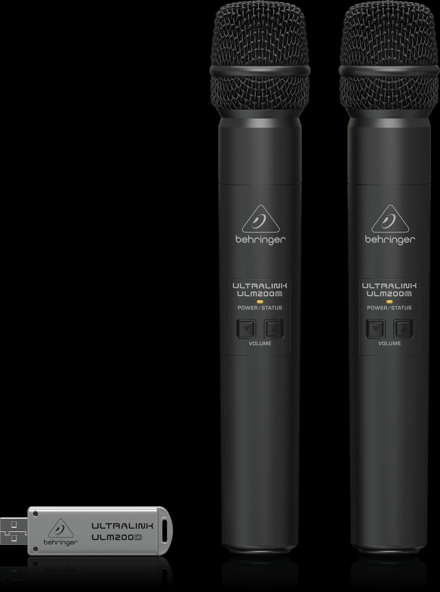 Behringer ULM202USB Dual Wireless Microphone System with USB, featuring a front view of the product.