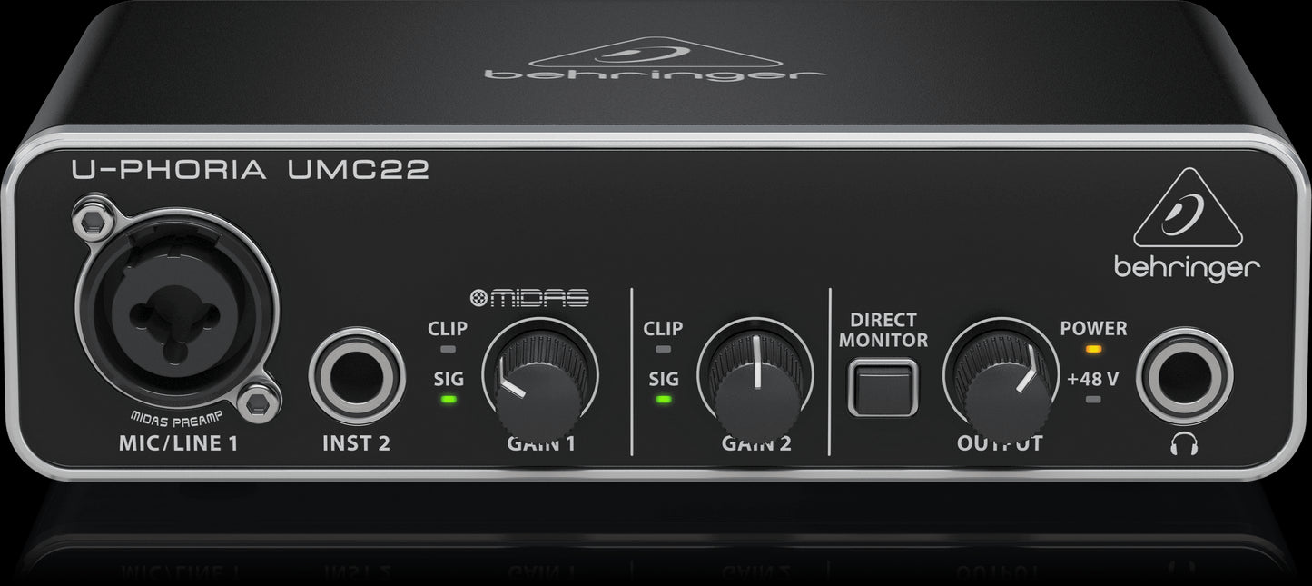 Behringer U-Phoria UMC22 2x2 USB audio interface with mic preamp, showing the top and front view.