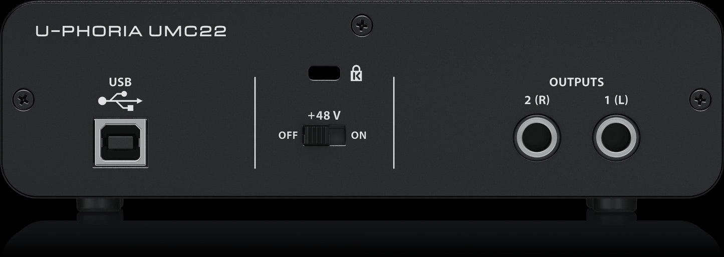 Rear view of the Behringer U-Phoria UMC22 2x2 USB Audio Interface showing input and output connections.