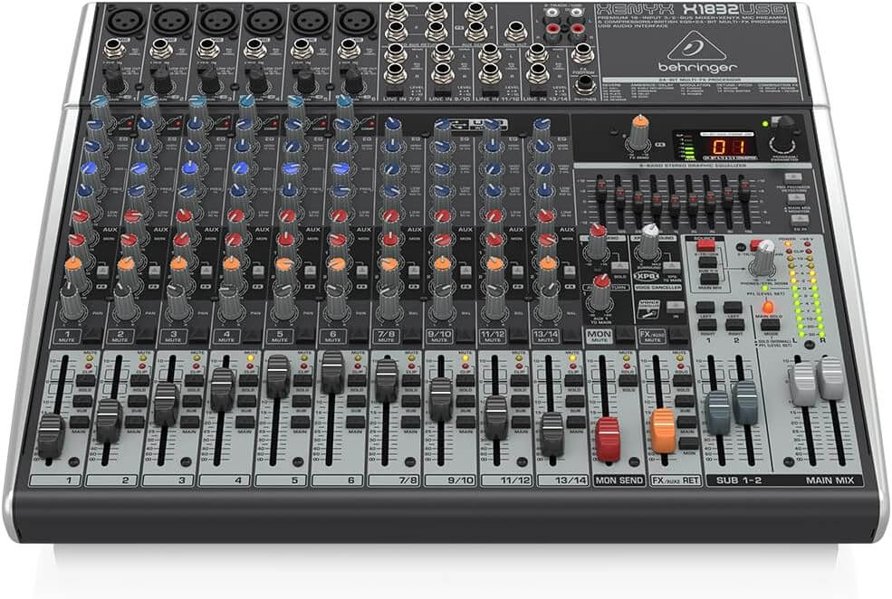 Behringer Xenyx X1832USB Mixer with multiple channels and USB connectivity.