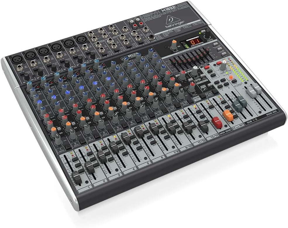 Behringer Xenyx X1832USB Mixer with multiple input channels and USB connectivity.